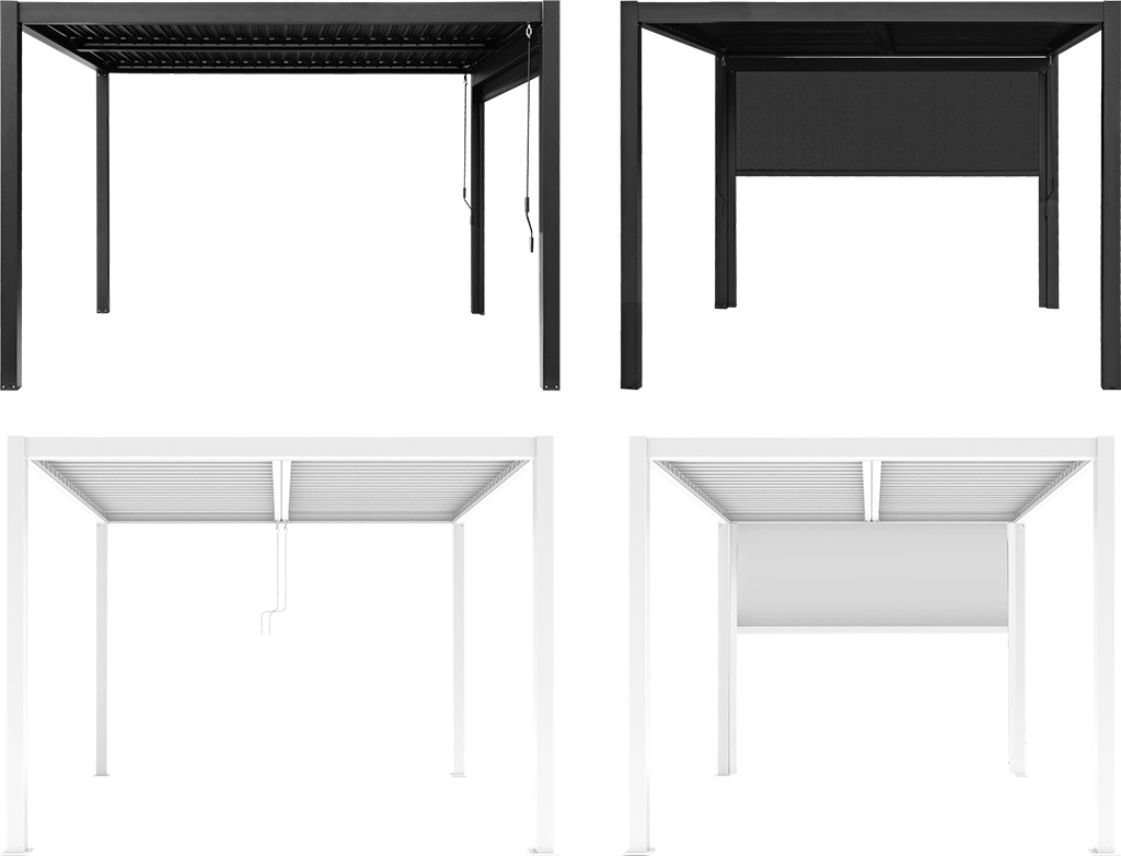 Pergola i hvit og sort aluminium med og uten vegg