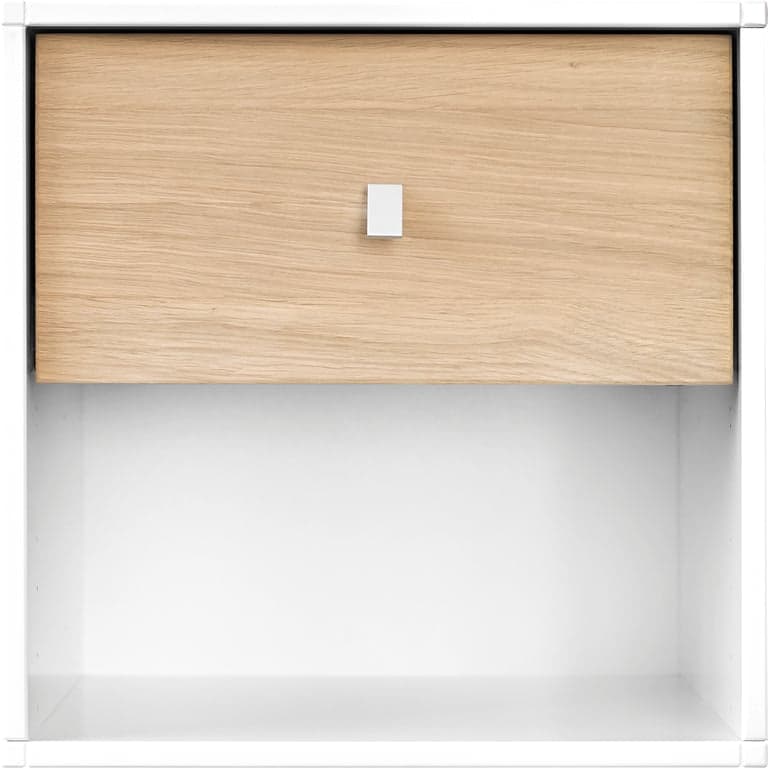 35 x 34 cm, H 35 cm. Modulsystem oppsett 78, nattbord m/skuff hvit malt MDF/eik