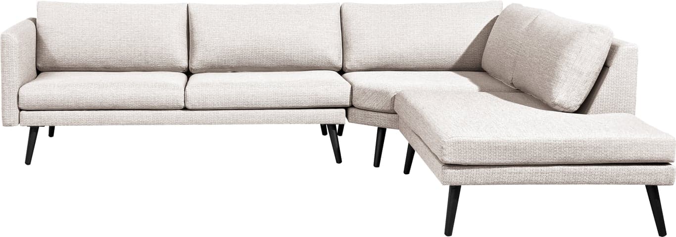 Hjørnesofa m/åpen ende til høyre sett forfra, grå m/svarte ben