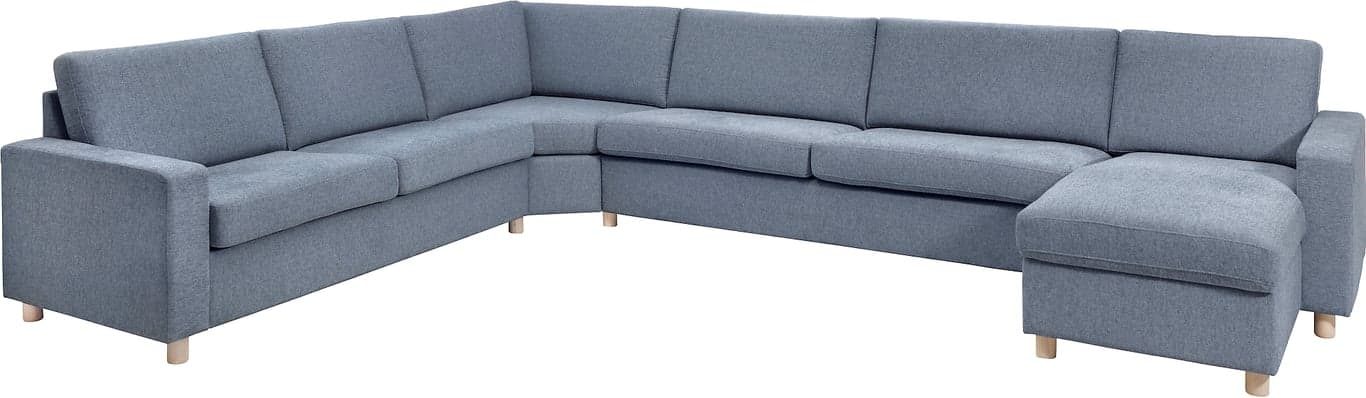 Modulsofa. 2,5 seter + stort hjørne + 3 seter + sjeselong med recliner i stoff Atlas, armlene J.